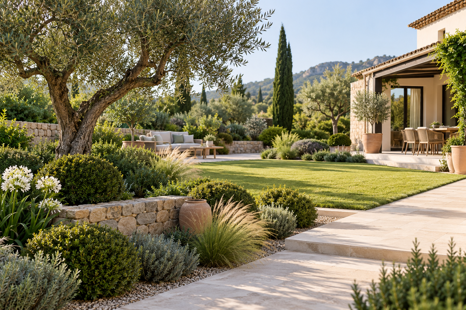 Jardí mediterrani amb olivera, gespa i pedra natural